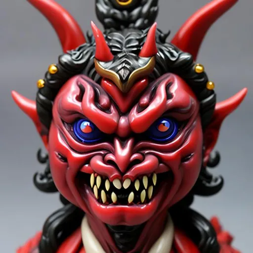 Prompt: cool demon, Japanese yokai, pvc action figure, model with symmetrical face, ceramic material, gloss, metallic color。Art oil painting, 