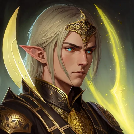 Prompt: Diablo. Portrait of a royal elven guard. Male elf with shining yellow eyes. Sharp blade. Dark room. Low light., Greg Rutkowski, John William Waterhouse, Alphonse Mucha,. (vibrant colors:4), full hd, high quality, 4k, trending on artstation, oil painting, symmetrical, intricate, highly detailed, cell shaded