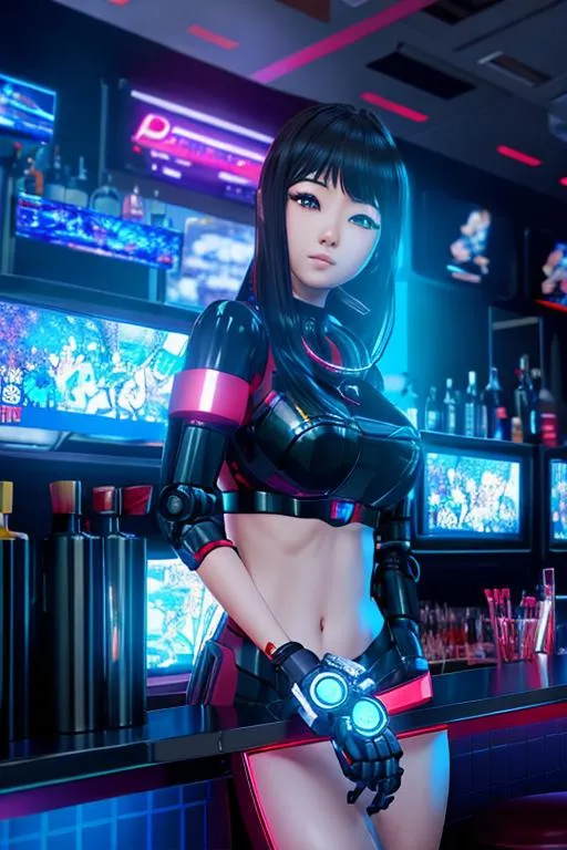 Prompt: beautiful anime asian with modified robotic hands, posing front of bar with many television screens, full body shot, soft lighting, realistic, 4K, unreal engine 5