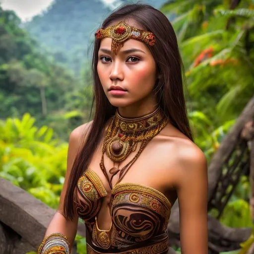Prompt: professional modeling photo live action human woman hd hyper realistic beautiful Indonesian warrior woman dark brown hair tan skin brown eyes beautiful face traditional indonesian dress with jewelry enchanting indonesian jungle hd background with live action mountains in background