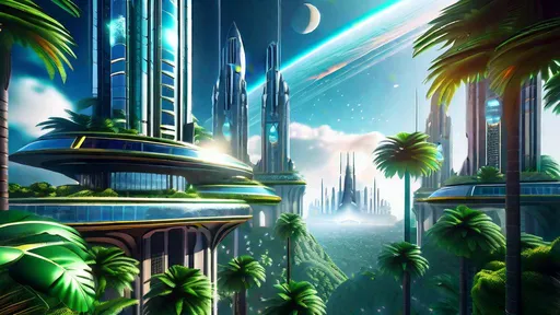 Prompt: A sci-fi city full of exquisite futuristic, hyperrealistic and hyperdetailed sky-scrappers, buildings and great religious temples deep into the jungle of dazzling palm trees, Nebula Moon Sky in the intricately detailed background, digital art masterpiece, perfect image composition, Sci-Fi style, Behance 4D Cinema, highest quality of details and design, Unreal Engine 5, CryEngine, Ultra HD 1024K, HDR Octane 3D, clarity, harmony, rhythm, hierarchy, order, symmetry, proportions.