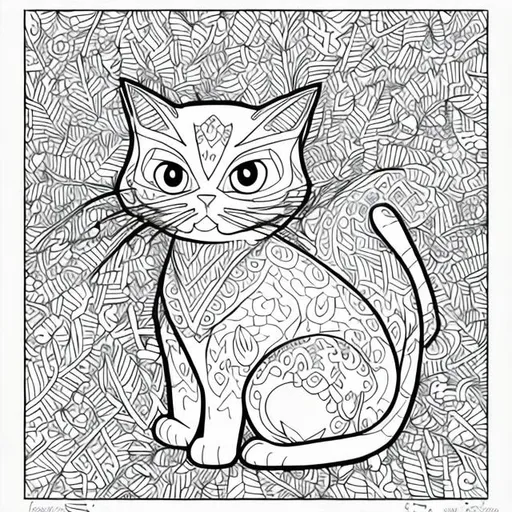 Prompt: a black and white coloring book page of a cartoon cat