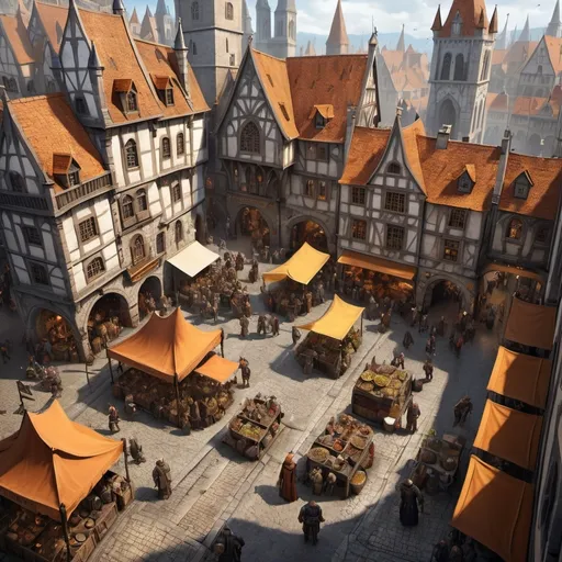 Prompt: Busy top-down view of a bustling town square in Antan Pieck's warhammer fantasy RPG style, intricate details of cobblestone streets, medieval architecture with gothic influences, lively market stalls and merchants, diverse crowd of fantasy characters, grimy tones, busy and vibrant atmosphere, high quality, detailed, top-down view, Antan Pieck's warhammer fantasy RPG style, medieval architecture, gothic, bustling town square, diverse crowd, fantasy characters, grimy tones, vibrant atmosphere, detailed streets, market stalls, lively, busy