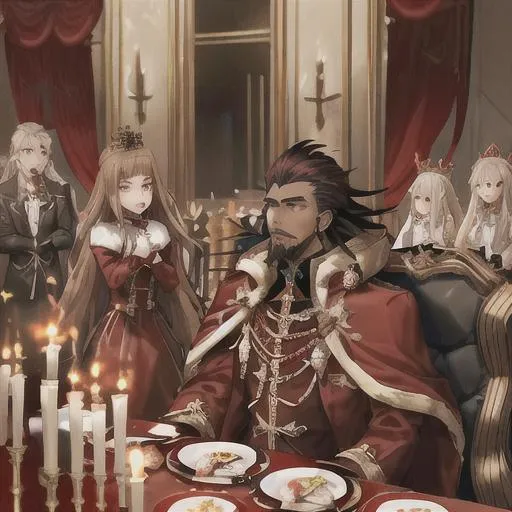 Prompt: king in a red coat, mink fur lined, pointy bejeweled crown, brown hair, goatee, medals on shirt, black cloths, sitting at the far end of a long table that has a red cloth running down the middle with candles and food, plates and silverware line the sides in front of chairs, with nobles sitting and conversing, at the long table, professional, one long table, from the perspective of a noble at the opposite end of the table as the king