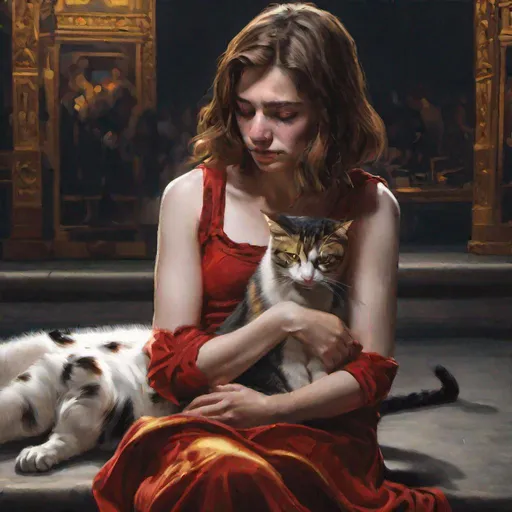 Prompt: a realistic photo of a crying 25 years old woman human with shoulder-length brown hair,  forward with her legs dangling over the edge of the stage which is lit in red and gold, she is staring sadly into her lap while a cat approaches her from her left and the cat touches her arm with his paw. The cat's colors are black and white with cow pattern but it is translucent like a ghost. high resolution. 4k. realistic. 
