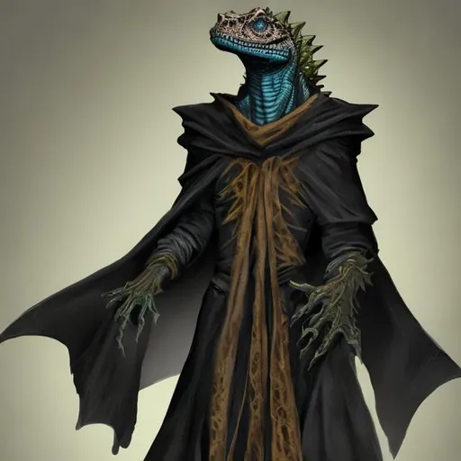 Prompt: Lizardfolk sorcerer wearing a black robe
