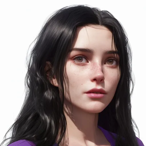 Prompt: there is a woman with long black hair and a purple shirt, female with long black hair, rosto realista detalhado, rosto realista altamente detalhado, rosto detalhado realista, com o rosto muito detalhado, rosto realisticamente renderizado, Personagem altamente detalhado, retrato feminino realista, rosto humano realista, rosto detalhado e realista, retrato detalhado do caractere, rosto detalhado preciso, rosto detalhado real, rosto realista humano --auto