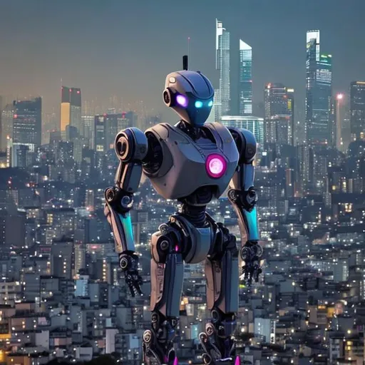Prompt: a robot can be seen sitting atop a building overlooking the Seoul skyline at night. He is the last of his kind. A couple of drones can be seen hovering around the city looking for him. The robot can see neon lights flickering and cars moving around below him.