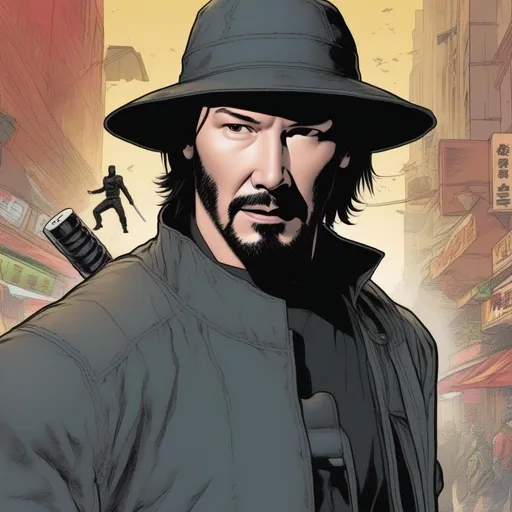 Prompt: Keanu Reeves as Ninja Salesman 
  illustrated by  Geoff Johns