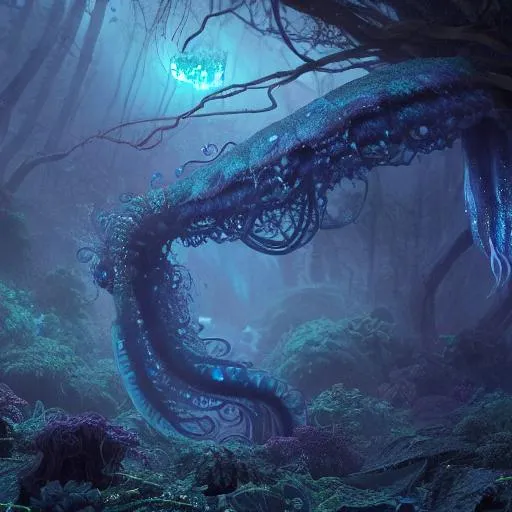 Prompt: Matte painting of blue alien jellyfish-like lovecraft creatures immerging from a magic purpura forest landscape, very intricate details, perfect composition, beautiful, intricate, created in unreal engine, insanely detailed octane render, trending on artstation, 16K artistic photography, studio photograph, photorealistic concept art, soft natural volumetric cinematic perfect light, chiaroscuro, award-winning photograph, masterpiece, Raphael, Caravaggio, Greg Rutkowski, Beeple, Beksinski, H.R. Giger