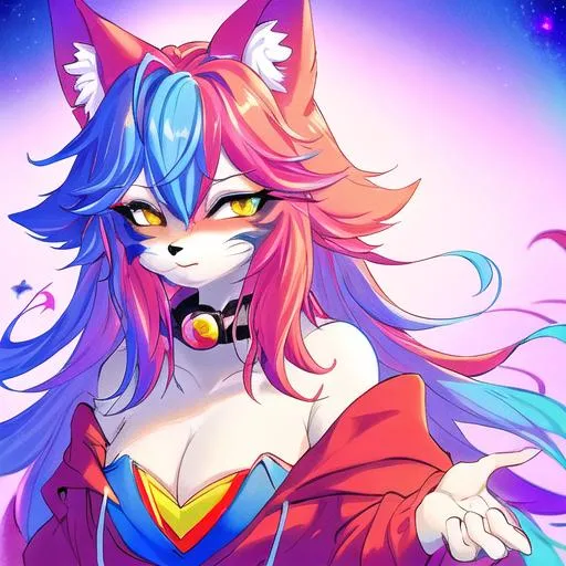 Prompt: A dreamlike state of color clean lines, pastel high contrast of an anthro fursona adult female furry red fox wearing a purple cozy hoodie with constellations adorning the sleeves who's rainbow and in the light, main color red and blue, surface like an oil spill,  high detail, full animal, artstation, splash of color, dynamic lighting full body in frame, regular face
