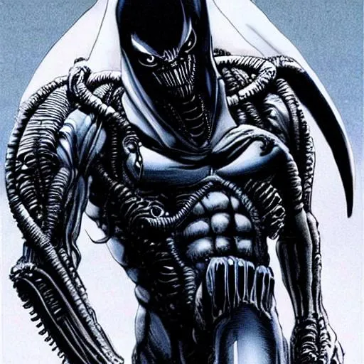 Prompt: moon knight as a xenomorph with big xenomorph tail and xenomorph parts on him 8k hyper realistic super creepy with long claws and his hood on hyper realistic