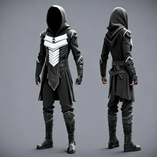 Prompt: men's combat cloth with hood in futuristic style, full body, black and white colors, sketches