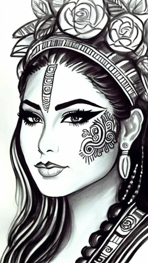 Prompt: Sketch of a mayan woman, beautiful eyeliner and face paint, roses and jade beads