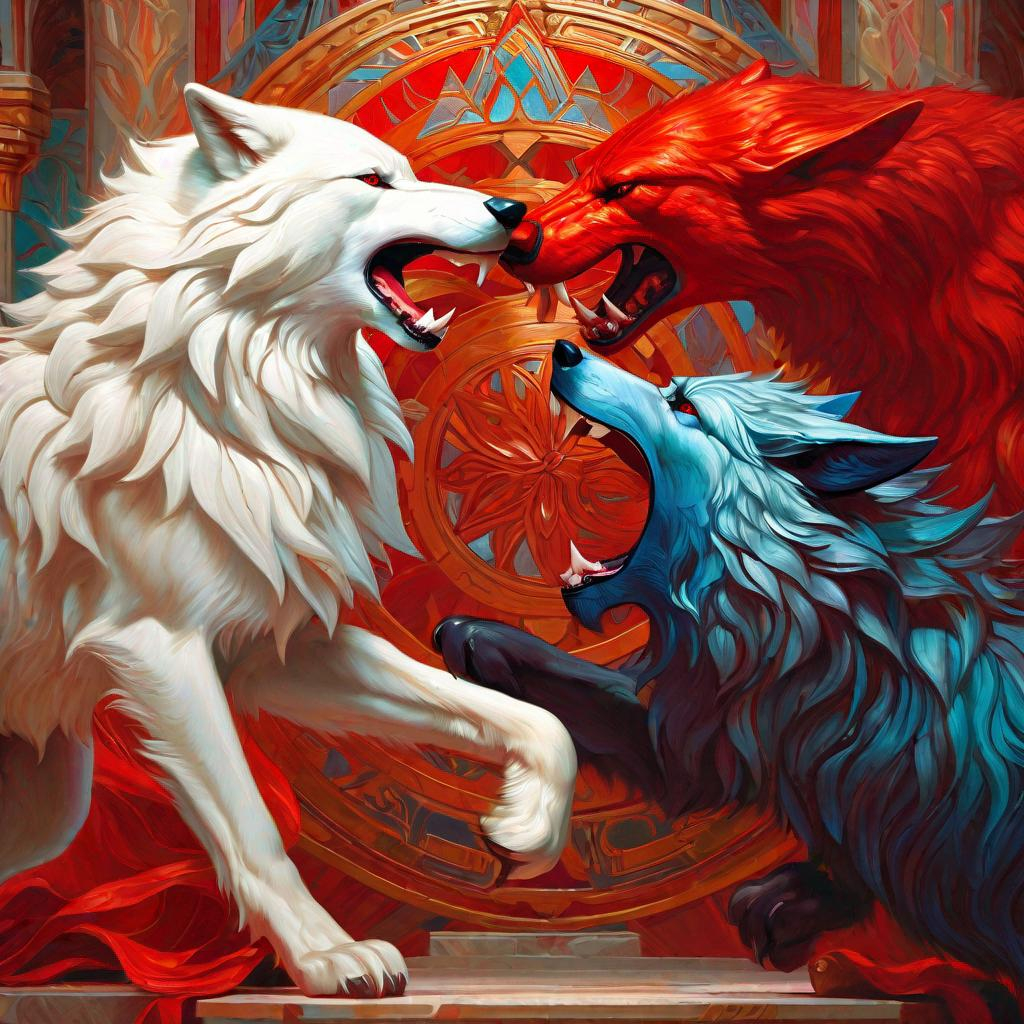 angry white wolf fighting a red demon, white fur, Gr... | OpenArt