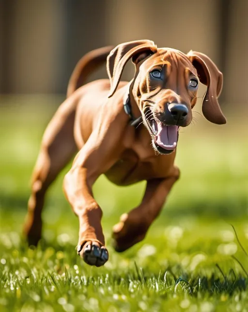 Prompt: A happy brown Rhodesian ridgeback puppy running freely across a large grassy field on a sunny spring day. Shallow depth of field keeps the sprinting puppy in sharp focus while softly blurring the background of trees and humans. Fast shutter speed freezes the energetic pup mid-run, ears flapping in the wind and tongue wagging with joy. Shot with a Sony A7R III using a 70-200mm lens at f/2.8 at 1/1000 shutter speed. Bright, fun lighting enhances the playful mood.
