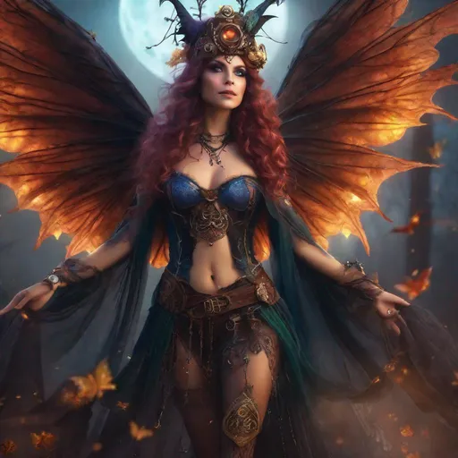 Prompt: (Epic). Cinematic. Shes a (colorful), Steam Punk, gothic, witch. (spectacular), Winged fairy, with a skimpy, ((colorful)), gossamer, flowing outfit, on a Halloween night. ((Wide angle)). Detailed Illustration. 8k.4k. Full body in shot. Hyper real painting. Photo real. A ((beautiful)), shapely, woman with, ((anatomically real hands)), and ((vivid)) colorful, ((bright)) eyes. A ((pristine)) Halloween night. (Concept style art).  