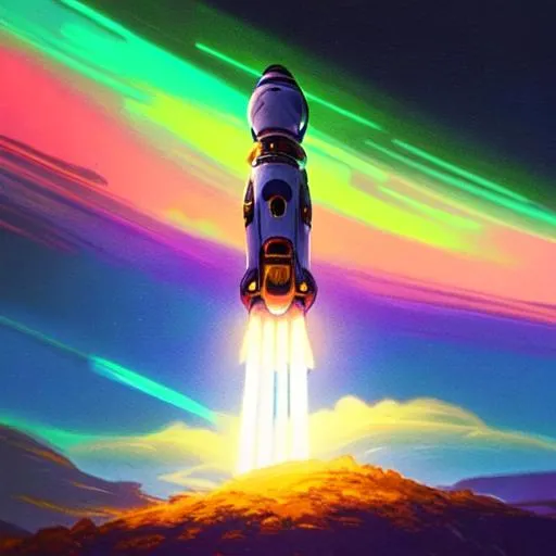 Prompt: close up, paint strokes, artsy big colorful spaceship w a beam in a top of a hill, render, realistic, landscape, with a halo", glowing, silky, furry, backlit, warm tones, night-sky, moss, indigo, cream, coral, bone-white, ornate, dynamic, particulate, intricate, elegant, highly detailed, airbrush, volumetric lighting, occlusion, smooth, sharp focus, 128K UHD octane render, w more detail, ultra realistic, insane detail, cinematic