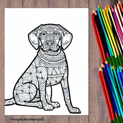 Prompt: Coloring page for adults, geometric, dog image (German Shorthaired Pointer), white background, clean line art, fine line art—HD—AR 2:3