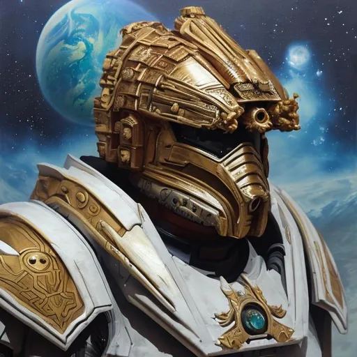 Prompt: Futuristic emperor of Jupiter planet with futuristic armor and Mask realistic oil paint 