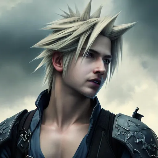 Prompt: Portrait of {Cloud Strife} with {blonde} hair and with handsome face, {dark clouds}, perfect composition, hyperrealistic, super detailed, 8k, high quality, trending art, trending on artstation, sharp focus, studio photo, intricate details, highly detailed, by greg rutkowski