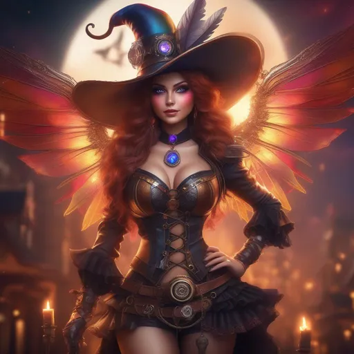 Prompt: Wide angle, 4k, 8k. Detailed Illustration. Full body in shot. Hyper realistic painting. Photo real. A beautiful, shapely woman with immaculate hands and vividly colorful, bright eyes. Shes a Steam Punk, gothic witch. A distinct Winged fairy, with a skimpy, colorful, gossamer, flowing outfit. On a picturesque Halloween night standing in a forest by a village. Concept art style. Matte painting. Epic. Cinematic.