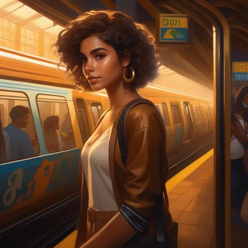 Prompt: Third person, gameplay, Brazilian girl, tan skin, curly brown hair, brown eyes, 2020s, smartphone, Rio de Janeiro subway station, foggy, golden atmosphere, cartoony style, extremely detailed painting by Greg Rutkowski and by Henry Justice Ford and by Steve Henderson 
