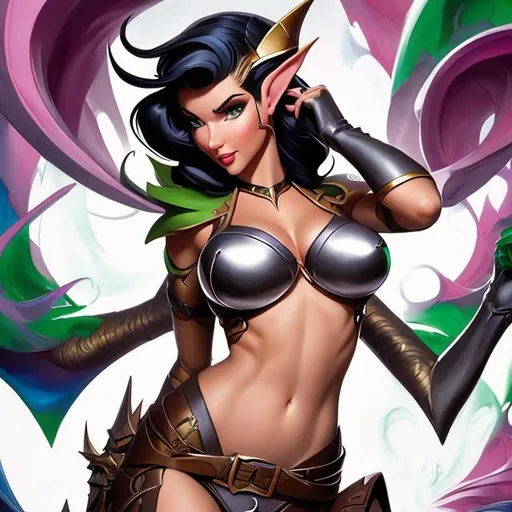 Prompt: full body pinup of an elf female dungeons and dragons ranger with black hair and with cute face, perfect composition,, by j. scott campbell and boris vallejo and alex ross,  graffiti art, splash art, street art, spray paint, oil gouache melting, acrylic, high contrast, colorful polychromatic, ultra detailed, ultra quality, CGSociety, depth of field, 3d render