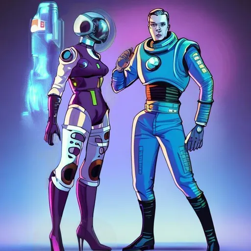 Prompt: retro-futuristic spacehero in sci-fi battle stance and with a high heeled Gynoid at their side