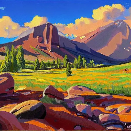 Prompt: A cartoon style colorado landscape in the style of Peder Mork Monsted