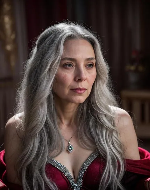 Prompt: Ethereal and wise, depicting Scarlet Witch in her elderly years: a sight to behold with a cascade of white and silver tresses, each strand threaded with time. Her face adorned with delicate wrinkles, a tapestry of experiences etched gracefully upon her visage. Transport the viewer into the realm of Marvel Comics' Scarlet Witch with a vivid and enchanting portrayal of her dignified aging.