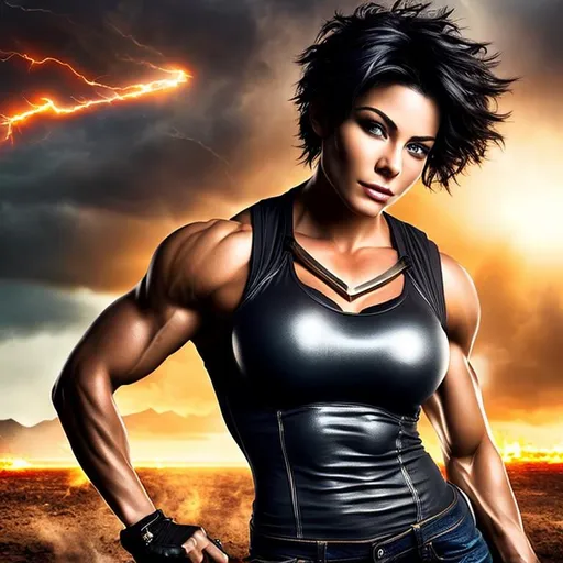Prompt: very short hair, photorealistic, beautiful woman with muscles, full body, androgynous beautiful face, extreme energy bursting forth, ideal proportions, epic, vicious, apocalyptic war, dimensional storm
