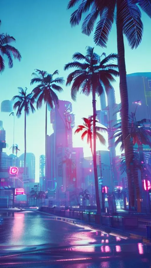 Prompt: vaporwave city, neon lighting, beautiful sunset, palm trees, Retro, high quality, 4k