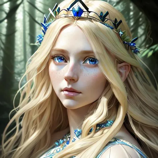 Prompt: Portrait of a goddess with long blond hair and with cute face, blue eyes,forest vibes, wearing a gemstone crown and white dress, detailed, perfect composition, hyperrealistic, super detailed, 8k, high quality, trending art, trending on artstation, sharp focus, studio photo, intricate details, highly detailed, by greg rutkowski
