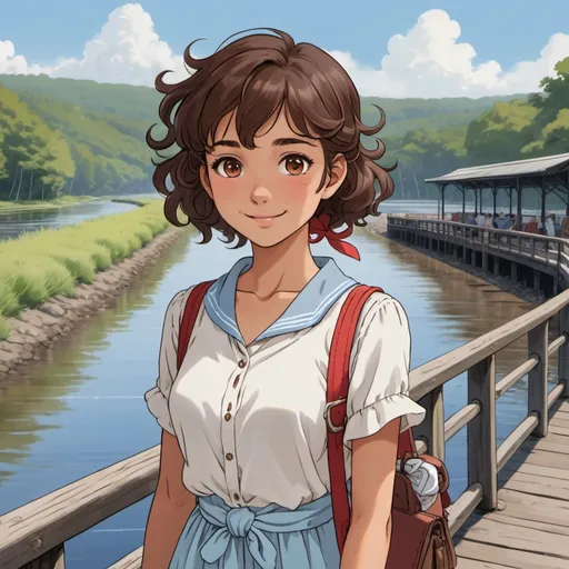 Prompt: Short young woman. Brown hair, light brown skin, curly black hair, hazel eyes. Petite features, light blue bandana, white blouse, red sundress, grey satchel. Gentle smile. highly detailed, young woman on a river boardwalk, HD, dark background
2d studio ghibli anime style, anime scene