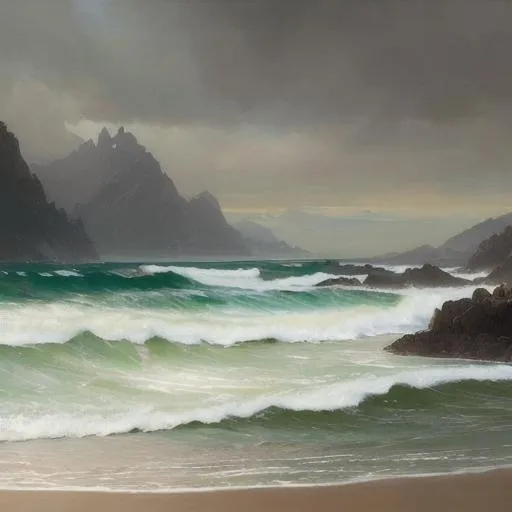 Prompt: A Landscape engulfed entirely in waves. Extremely detailed, realistic. Krenz Cushart + loish +gaston bussiere +craig mullins, j. c. leyendecker +Artgerm.