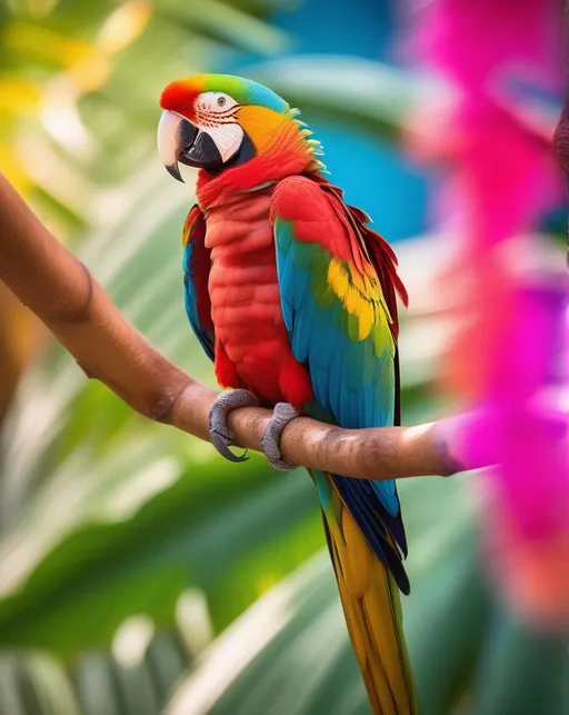 Prompt: A vibrantly colored parrot perched on a branch, plumage intricately detailed down to each feather. Vivid tropical background places the parrot in its natural habitat. Bright natural lighting illuminates the subject. Shot with a 150-600mm telephoto lens on a Nikon D850 to capture precise detail from a distance. Vibrant, lively mood.