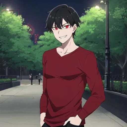 Prompt: Damien (male, short black hair, red eyes) in the park at night, grinning sadistically, casual outfit