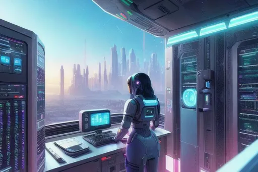 Prompt: cute extraterrestrial anthropomorphic computer engineer protecting a mainframe databank, futuristic data center, daytime, daylight, outdoors, by Alejandro Burdisio, by Steve Thomas, by Angus McKie, poster art, retrofuturism, muted colors, depth of field, prism