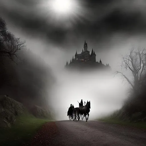 Prompt: ((Best Quality)), ((The masterpiece)), ((realistic)) ((victorian vampiric Dracula Gothic carriage)) with Mina Harper interior, Dracula's  Brides flying over trying to attack Mina, and  2 black horses pulling the carriage, in the fog year 1880, going to a ((Gothic Dracula Castle)), ((Bram Stocker  inspired movie Dracula))((hightly detailed)), ((outstanding)), ((Cinematic )) ,((Gorgeus)), Realistic, HDR.