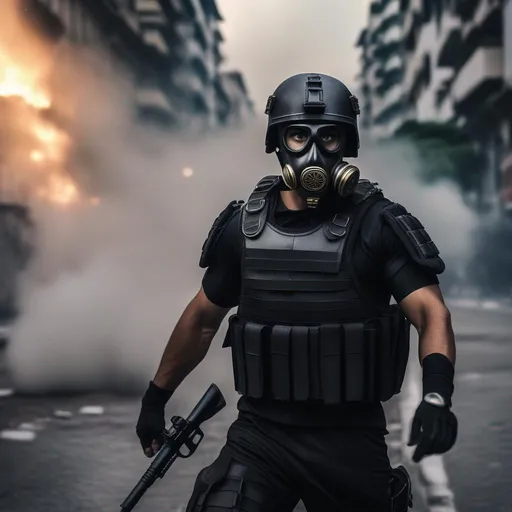 Prompt: a modern roman military male in black military roman armor, and gas mask, attacking Rio de Janeiro, Brazil, sharp focus, Professional, UHD, HDR, 8K, Render, electronic, dramatic, vivid, pressure, stress, traumatic, dark.