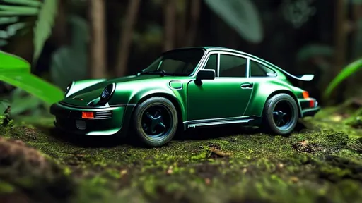 Prompt: a dark forest green Porsche 930 Turbo in a dark jungle, photo and light from the front, hot wheels car