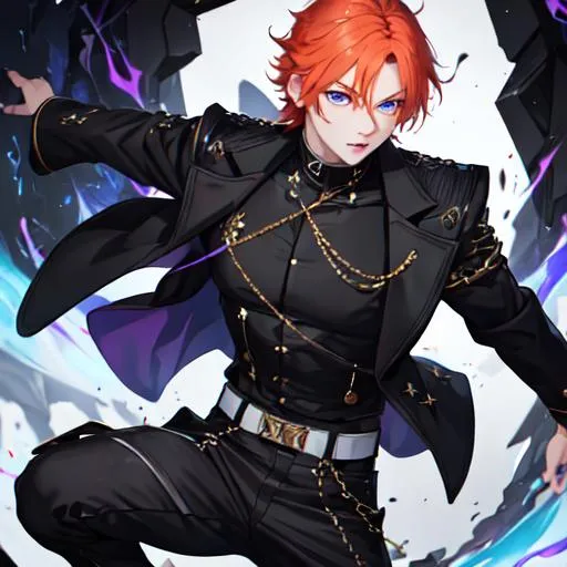 Prompt: Erikku male (short ginger hair, freckles, right eye blue left eye purple) muscular, UHD, 8K, Highly detailed, insane detail, best quality, high quality. black jacket, black shorts, streetwear