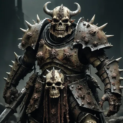 Prompt: Chaos warrior of Nurgle, grimy and rusted armor, putrid and decaying flesh, detailed pustules and boils, eerie and dark atmosphere, realistic rendering, gritty fantasy style, dark and murky tones, dramatic lighting, highres, ultra-detailed, grimdark, fantasy, chaotic, decayed, detailed armor, haunting, atmospheric lighting, dynamic battle pose, rotting flesh