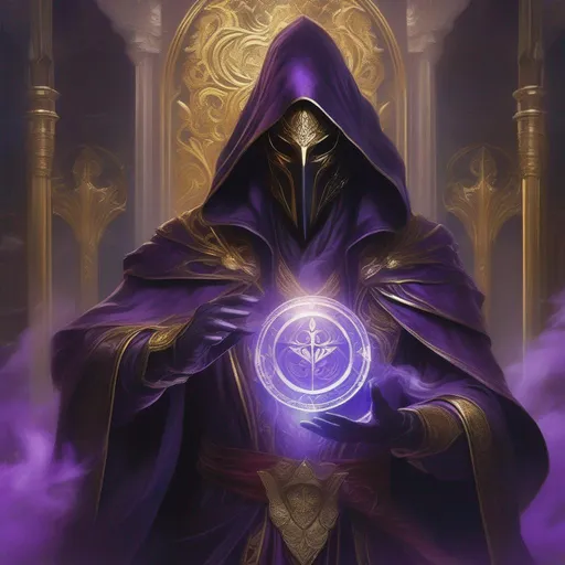 Prompt: high-quality high-detail highly-detailed breathtaking Villen ((by Aleksi Briclot and Stanley Artgerm Lau)) - ((a warlock)), hooded purple detailed warlock rich golden ornate robes casting smoke in hands, flying, smoke in feets, glowing, highly detailed vintage brass jester mask, add some purple smoke in his hands, glowing chest emblem , smooth detailed shoulder plates, detailed ivory, full body, fantasy robes,, wearing mime mask, 8k,  full form, detailed library setting, full form, epic, 8k HD, ice, sharp focus, ultra realistic clarity. Hyper realistic, realistic, close to perfection, high quality cell shaded illustration, ((full body)), dynamic pose, perfect anatomy, centered, freedom, soul, approach to perfection, cell shading, 8k , cinematic dramatic atmosphere, watercolor painting, global illumination, detailed and intricate environment, artstation, concept art, fluid and sharp focus, volumetric lighting, cinematic lighting.