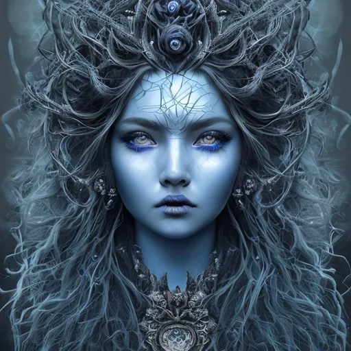 Prompt: Goddess of darkness in blue and black hyper realistic face hyper detailed hair and crown