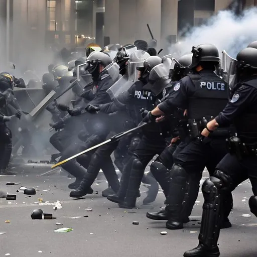 Prompt: crowd, riot, city, battle, protesters vs police, riot shield wall, testudo, spears