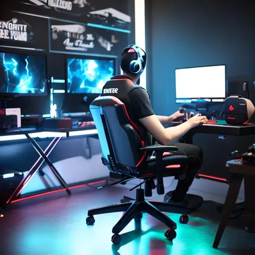 Prompt: Gamer developing a game sitting on a gaming chair in a gaming room