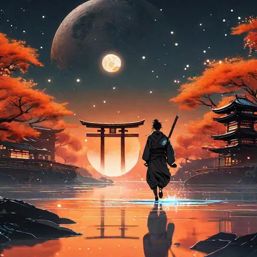 Prompt: anime cyberpunk ninja running across a river with glowing water, gradient orange tori gate in the background, moon lit with planets in the sky, highly detailed, hd, 8k, hayao miyazaki