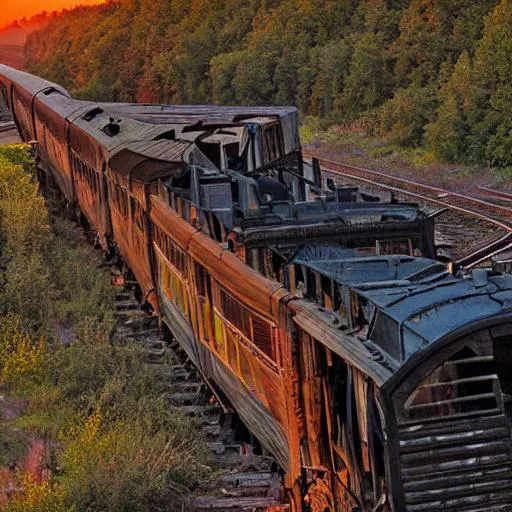 Prompt: Ancient train wreck sunset 